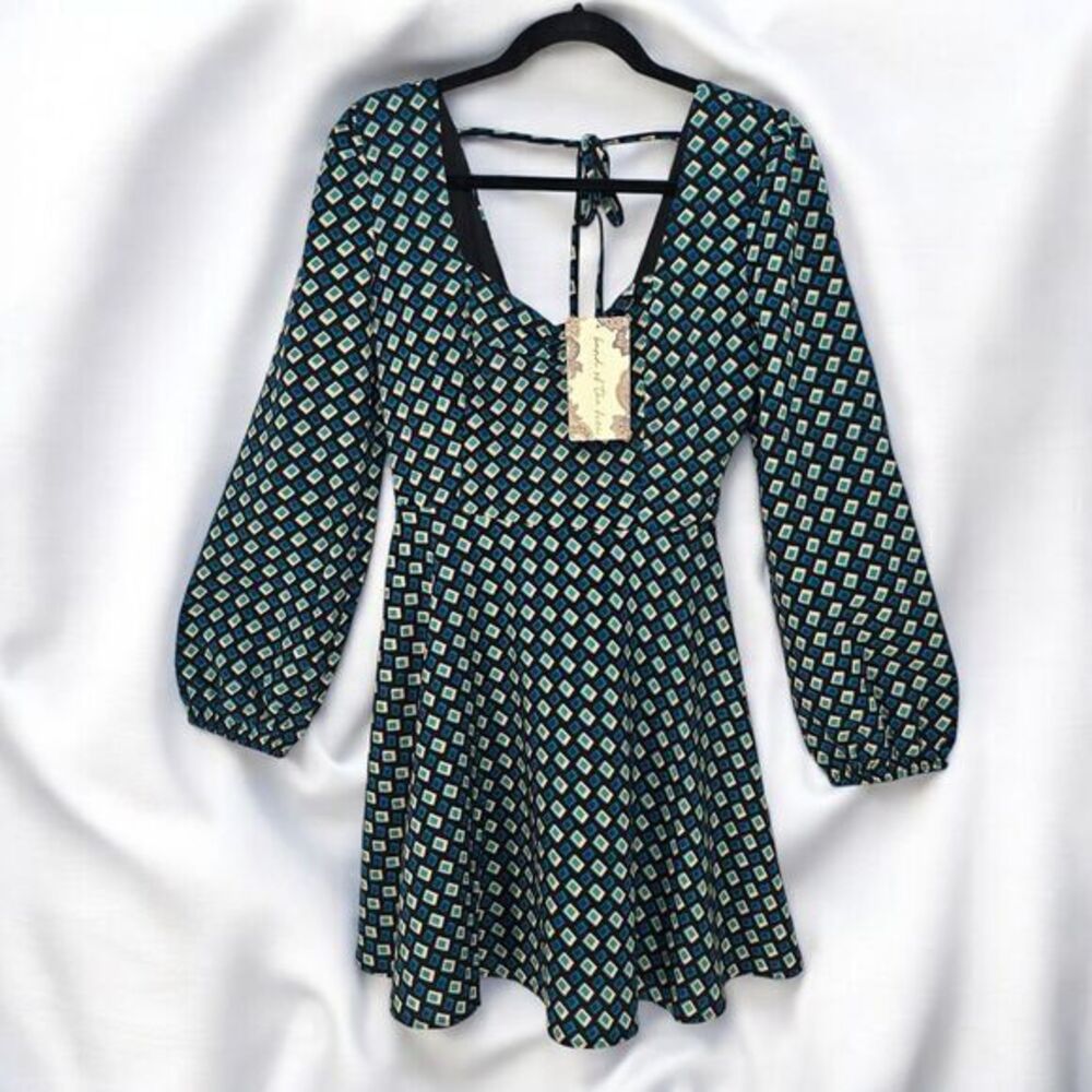 Band of the‎ Free Women Black Deep Teal Geometric Diamond Mini Dress Small NWT